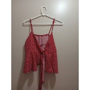 Tie Front Red with White Hearts Crop Top Size L (12-14)